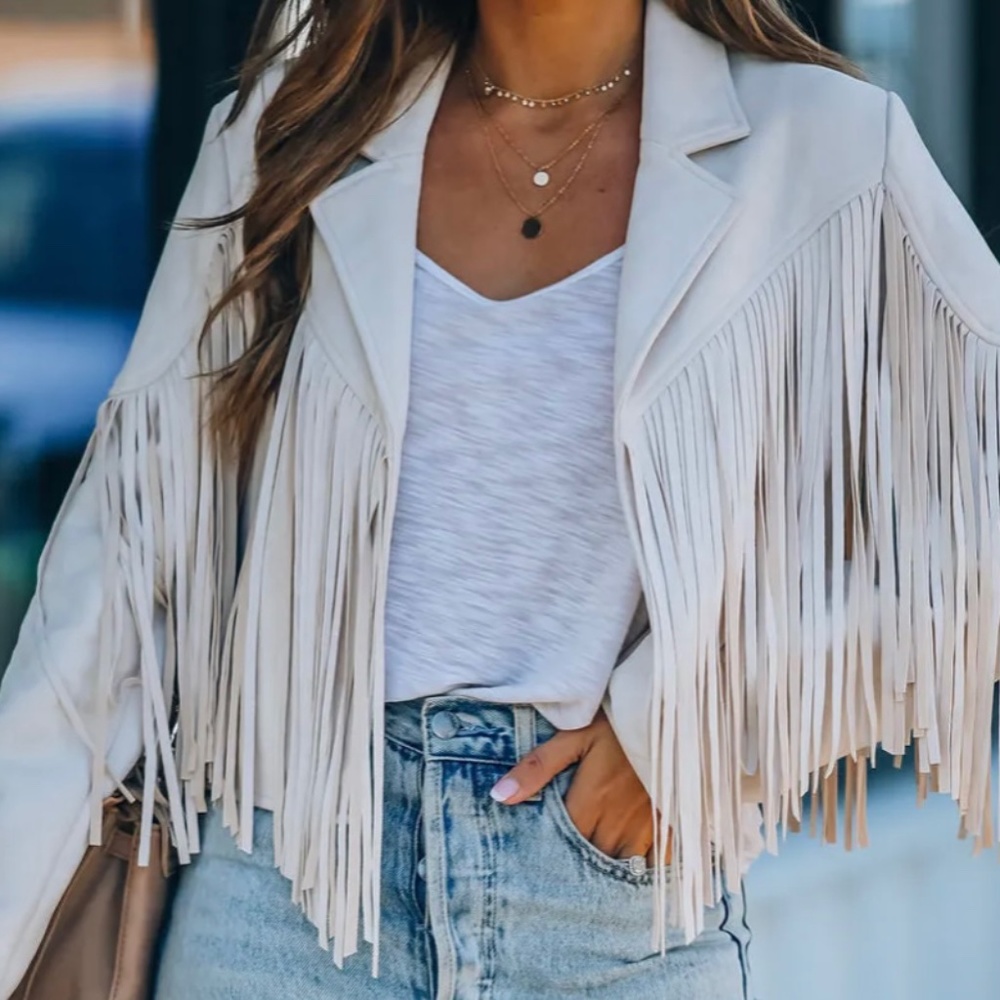 CROPPED FRINGE FAUX SUEDE JACKET - SAND COLOR